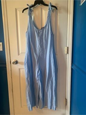 CHARLIE B Light Blue Tie-Strap Wide-Leg Jumpsuit